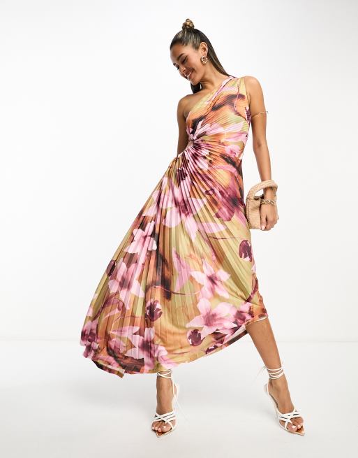 ASOS DESIGN - Asymmetrische geplooide midi jurk met blote schouder, uitsnijding en abstracte bloemenprint in geel
