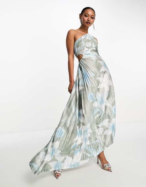 ASOS DESIGN - Asymmetrische geplooide midi jurk met uitsnijding in groene oversized bloemenprint