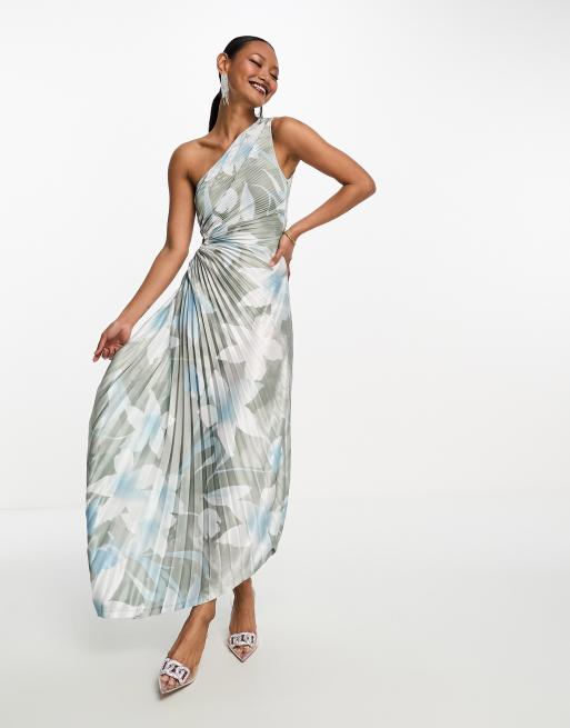 ASOS DESIGN - Asymmetrische geplooide midi jurk met uitsnijding in groene oversized bloemenprint, 3 van 4