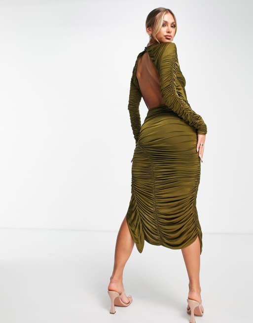 ASOS DESIGN - Asymmetrische gerimpelde midi-jurk met lange mouwen in olijfgroen