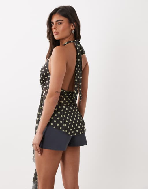 ASOS DESIGN - Asymmetrische haltertop met split in bruin met stippen, 3 van 4