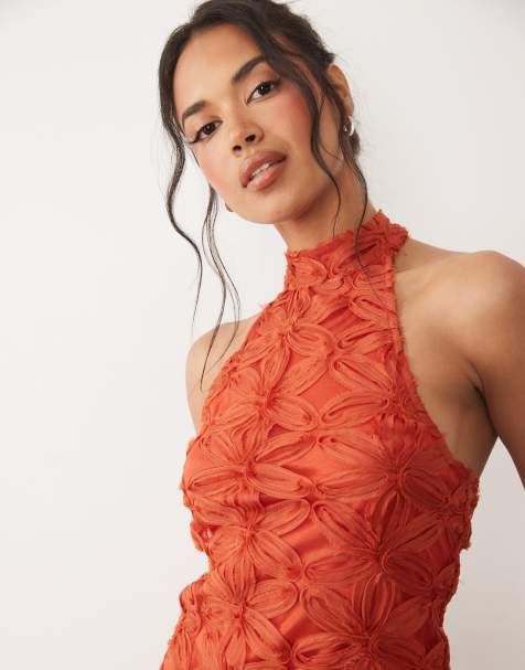 ASOS DESIGN - Asymmetrische haltertop van mesh met applicaties in roestrood, deel van co-ord set - view 1