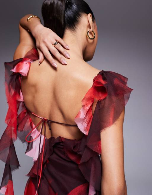 ASOS DESIGN - Asymmetrische hoogsluitende midi-jurk met ruches en gestrikte hals in abstracte print, 4 van 4