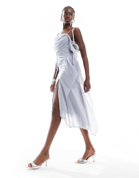 ASOS DESIGN - Asymmetrische jurk met drapering, stroken en naaddetails in oudblauw - view 1