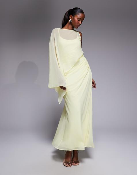 ASOS DESIGN - Asymmetrische maxi jurk met gedrapeerde vleermuismouw in lichtgeel - view 1