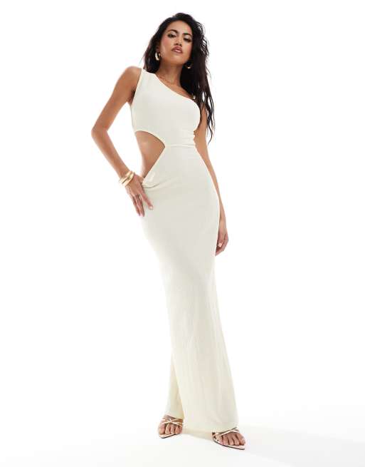 ASOS DESIGN - Asymmetrische maxi jurk met uitsnijding en kralen in crème