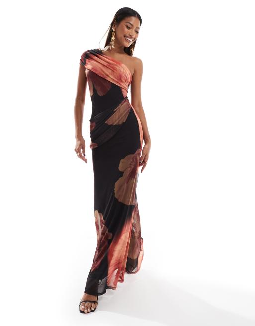 ASOS DESIGN - Asymmetrische maxi-jurk van mesh met blote schouder en gedrapeerde rok en bloemenprint in roze