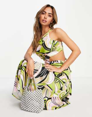 ASOS DESIGN - Asymmetrische midi-avondjurk met uitsnijding en retro wervelprint