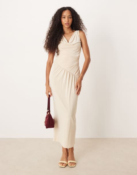ASOS DESIGN - Asymmetrische midi-jurk met lage hals en rimpels in crème - view 1