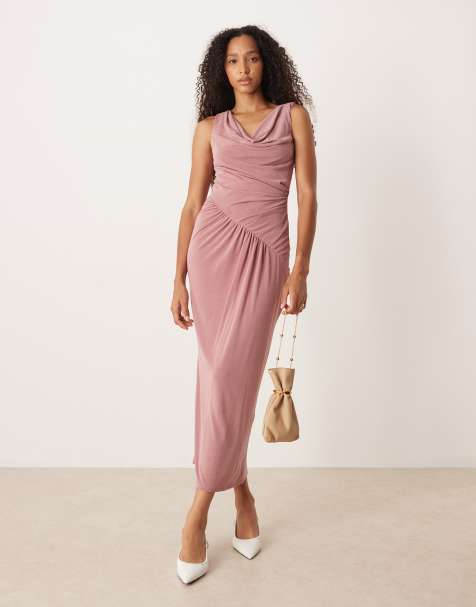 ASOS DESIGN - Asymmetrische midi-jurk met lage hals en rimpels in roze - view 1