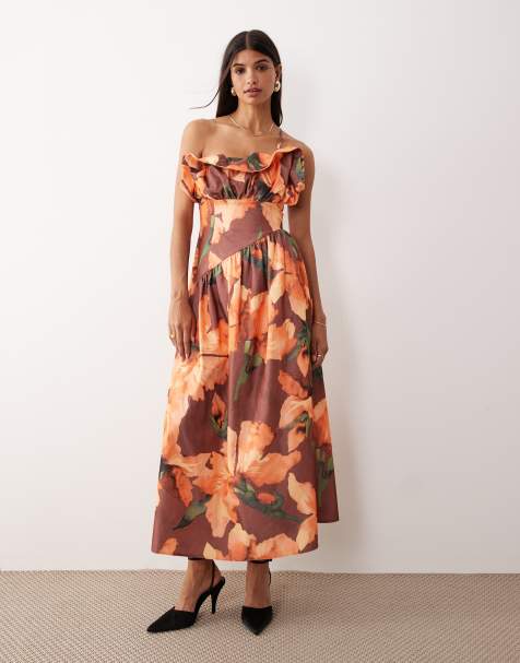 ASOS DESIGN - Asymmetrische midi jurk met structuur en ruches aan de buste in donkeroranje bloemenprint - view 1