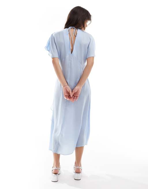 ASOS DESIGN - Asymmetrische midi jurk van satijn met ruches in lichtblauw, 3 van 4
