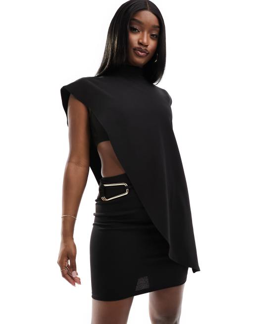 ASOS DESIGN - Asymmetrische mini-jurk met hoge hals en goudkleurig detail in zwart