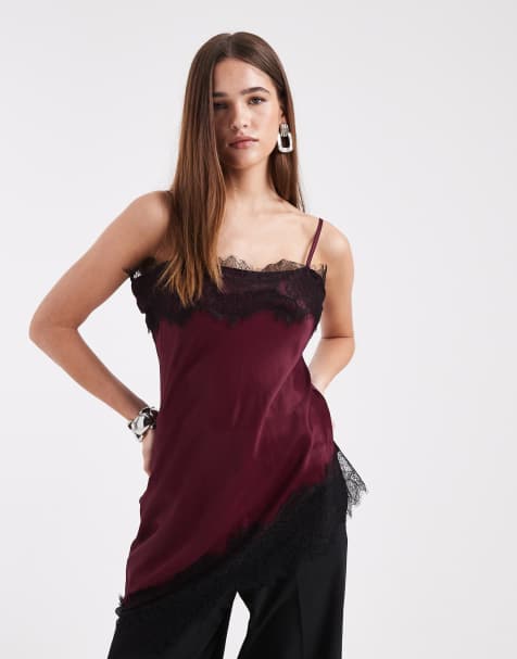ASOS DESIGN - Asymmetrische satijnen cami top met kanten bies in pruimpaars - view 1