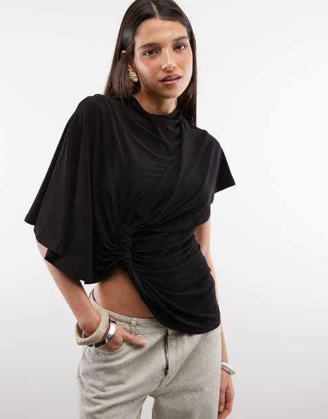 ASOS DESIGN asymmetrische soepele top met drapering en knoopdetail in zwart - view 1