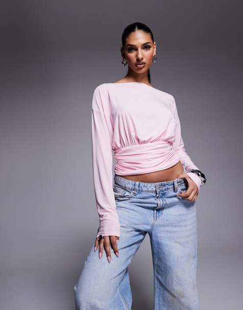 ASOS DESIGN - Asymmetrische top met blote schouder, lange mouwen en getailleerd detail in babyroze - view 1