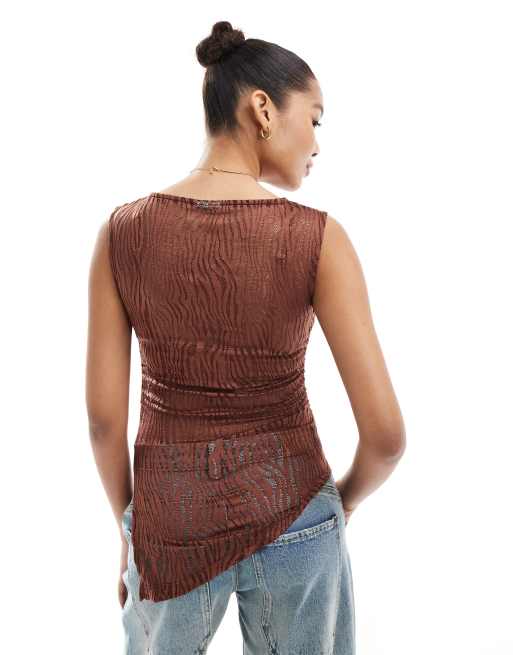 ASOS DESIGN - Asymmetrische top met kant, rimpeleffect en zebraprint in chocoladebruin, 4 van 4