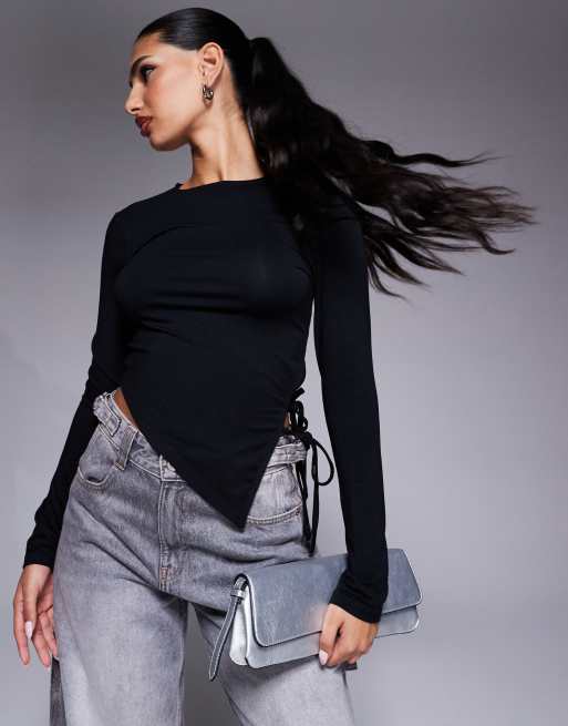 ASOS DESIGN - Asymmetrische top met lange mouwen en gestrikte zijkant in zwart