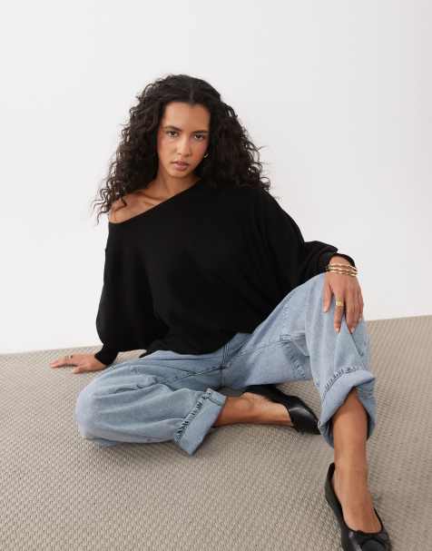 ASOS DESIGN asymmetrische trui met blote schouder en vleermuismouwen in zwart - view 1