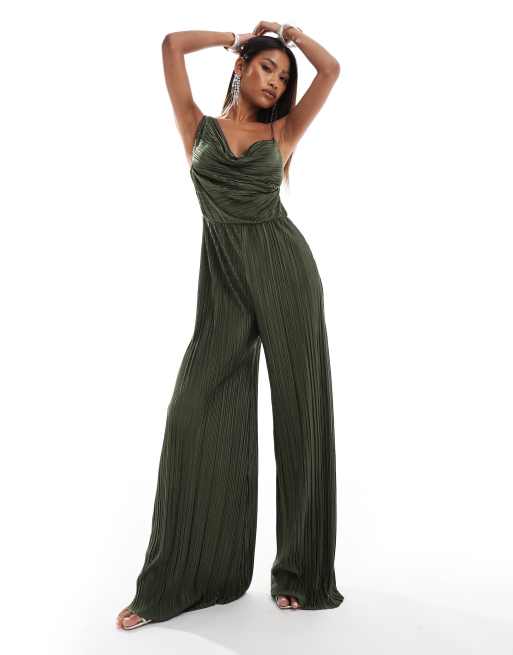 ASOS DESIGN Asymmetrischer drapierter Plissee Jumpsuit in Khaki mit schmalen Tragern ASOS