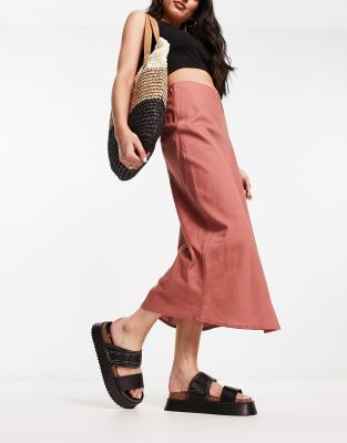 ASOS DESIGN - Asymmetrischer Midi-Leinenrock in Terrakotta-Brown