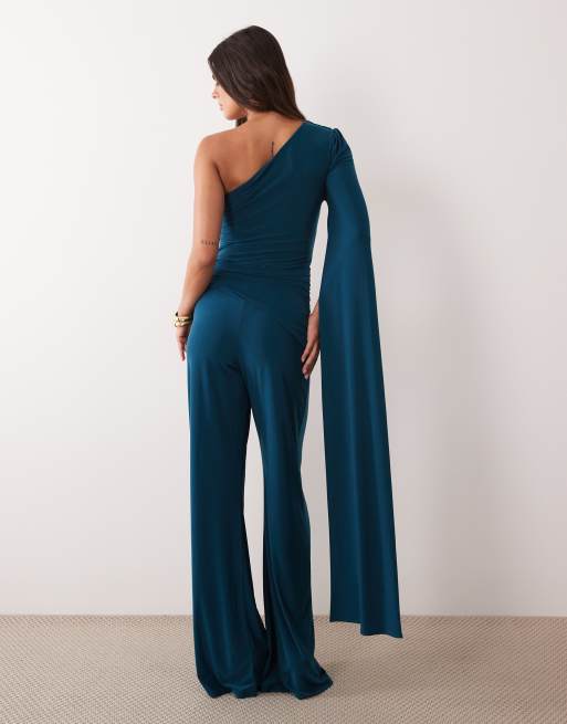 ASOS DESIGN asymmetrischer One-Shoulder-Jumpsuit mit Schärpen-Cape-Detail und Bindegürtel in Petrol, 3 von 4