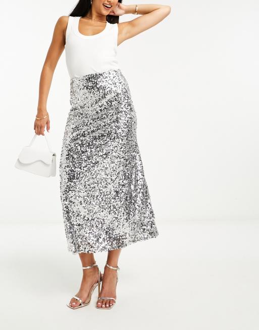 ASOS DESIGN – Asymmetrischer Pailletten-Midirock in Silber, 4 von 4