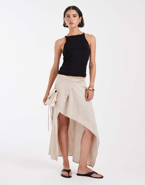 ASOS DESIGN asymmetrischer Rock aus Leinenmix in Stone - view 1