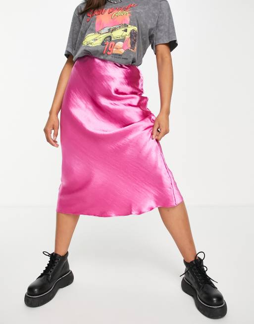ASOS DESIGN – Asymmetrischer Satin-Midirock in knalligem Rosa