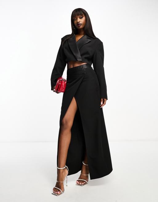 ASOS DESIGN – Asymmetrischer Smoking-Maxirock in Schwarz