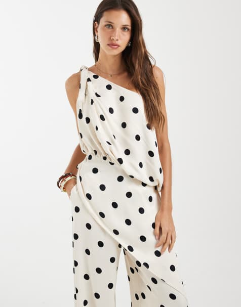 ASOS DESIGN – Asymmetrisches Camisole aus Satin in Cremeweiß mit Polka Dots, Kombiteil - view 1