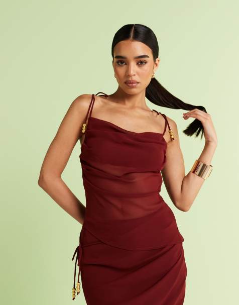 ASOS DESIGN – Asymmetrisches Chiffon-Trägertop in Burgunderrot mit gebundenen Trägern, Kombiteil - view 1