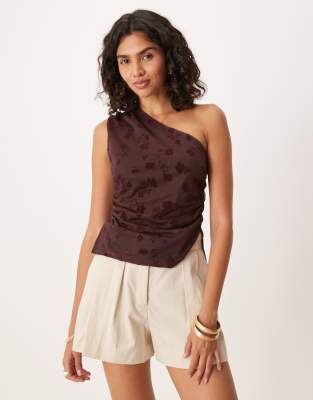 ASOS DESIGN - Asymmetrisches, drapiertes Oberteil in transparentem Braun mit beflocktem Blumenmuster