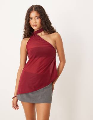 ASOS DESIGN - Asymmetrisches, durchscheinendes Longline-Top in Burgunderrot