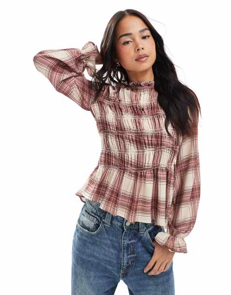 ASOS DESIGN – Asymmetrisches, gerafftes Langarmoberteil mit Karomuster - view 1