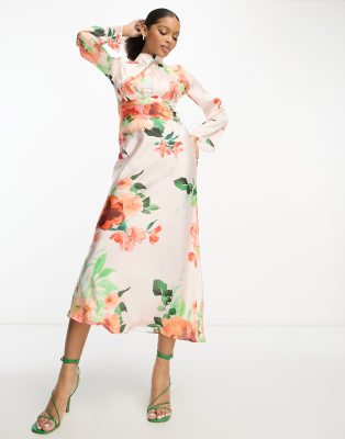 ASOS DESIGN - Asymmetrisches, hochgeschlossenes Maxikleid mit Blumenprint und Zierknoten-Bunt