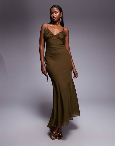 ASOS DESIGN – Asymmetrisches Kleid in Khaki mit Schwalbenschwanz sowie zweilagigem Brustdetail mit Mikrostruktur - view 1