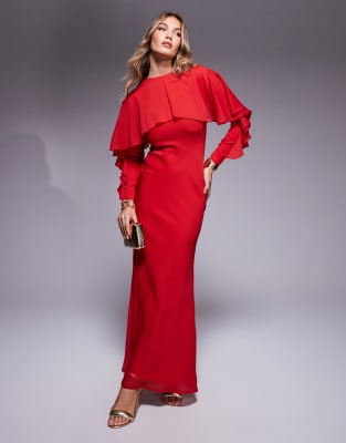 ASOS DESIGN - Asymmetrisches, langärmliges Maxikleid in Rot mit Rüschen und Cape-Detail