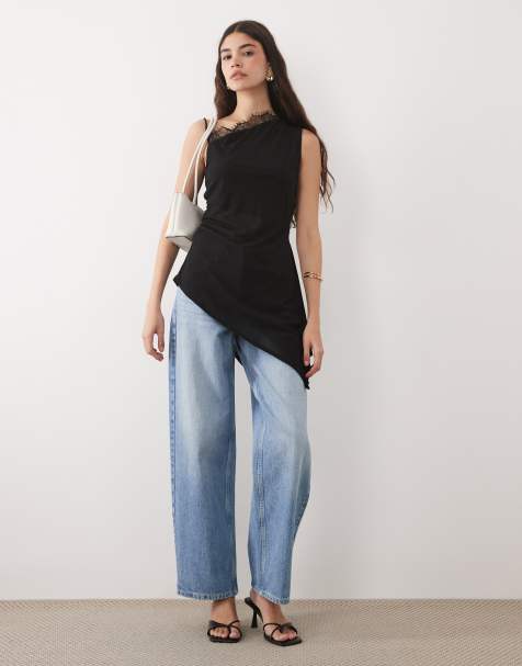 ASOS DESIGN – Asymmetrisches Longline-Camisole aus Netzstoff in Schwarz mit Spitzenbesatz - view 1