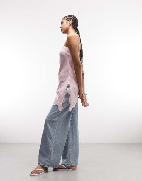 ASOS DESIGN – Asymmetrisches Longline-Camisole in Rosa mit Spitzenbesatz - view 1