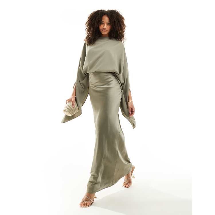 ASOS DESIGN – Asymmetrisches Maxikleid aus Chiffon-Satin in Grün  