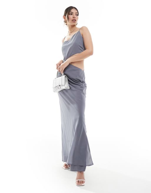 ASOS DESIGN – Asymmetrisches Maxikleid in Grau mit Zierausschnitten und Riemchenträgern