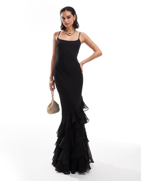 ASOS DESIGN – Asymmetrisches Maxikleid in Schwarz mit U-Ausschnitt und Rüschensaum - view 1