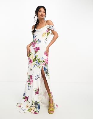 ASOS DESIGN - Asymmetrisches Maxikleid in Weiß mit Blumendruck, Flügelärmeln, Rückenausschnitt und Schnürbändern-Bunt