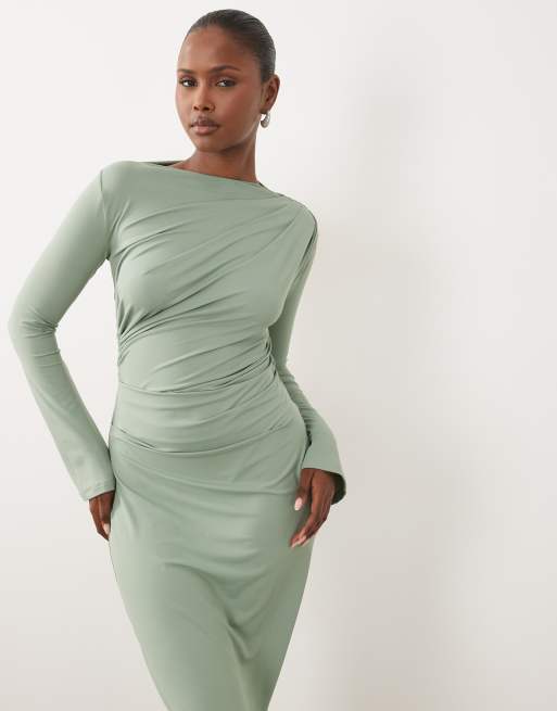 ASOS DESIGN asymmetrisches Maxikleid mit Drapierung und U-Boot-Ausschnitt in Salbeigrün, 3 von 4