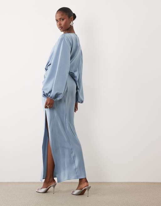 ASOS DESIGN asymmetrisches Maxikleid mit Oberteil und Blousonärmeln in Blau, 3 von 4