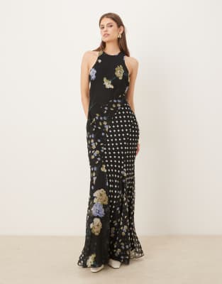 ASOS DESIGN - Asymmetrisches Maxikleid mit Ringerrücken, Godet-Saum und Blumen-Punktemuster-Mix-Bunt