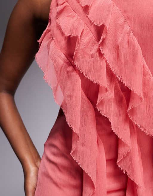 ASOS DESIGN – Asymmetrisches Midaxikleid in Rosé mit Rüschen, seitlich abfallendem Saum und Ringerausschnitt, 3 von 4