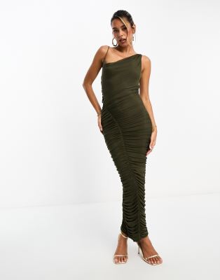 ASOS DESIGN - Asymmetrisches Midi-Trägerkleid in Khaki mit Wasserfallausschnitt und diagonal gerafftem Rock-Bunt