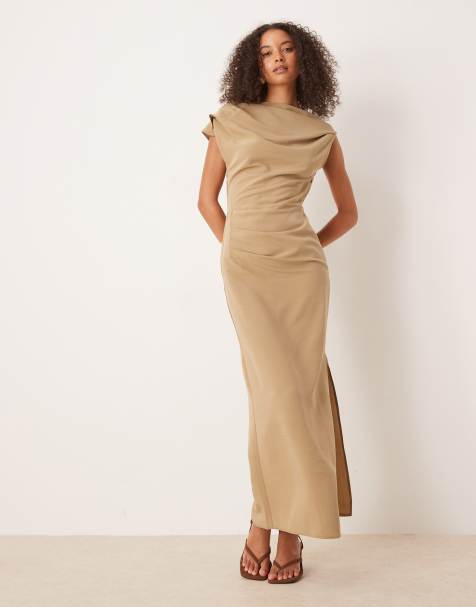 ASOS DESIGN – Asymmetrisches Midikleid in Steinbeige mit Wasserfallausschnitt - view 1